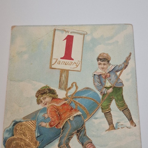 Antique 1 January New Year Postcard Germany Kids Sled Gold Embossed Gilt - Picture 3 of 8